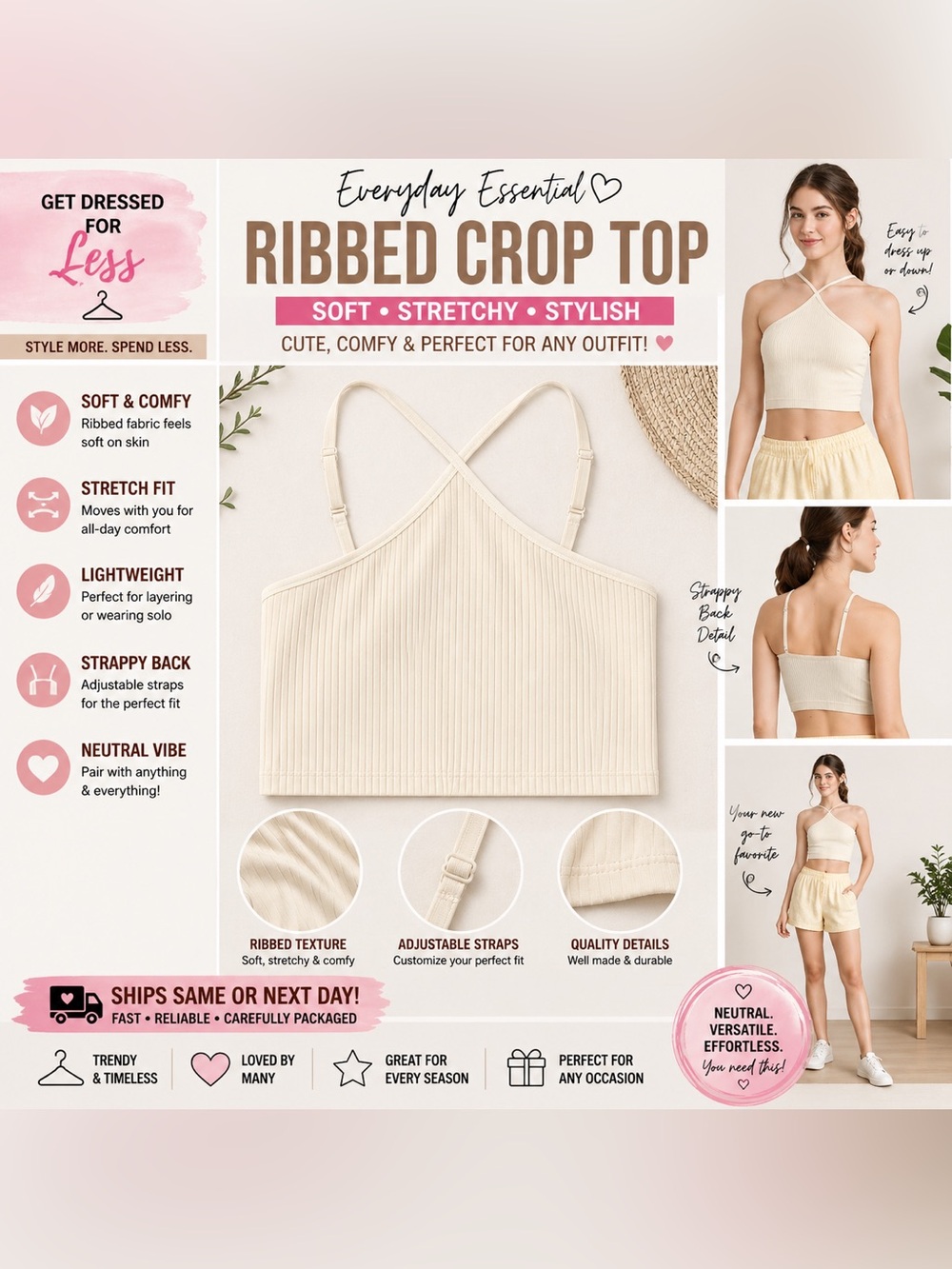 Colsie Ribbed Cropped Tank Top Womens Large Cream Beige Strappy NWT - Picture 2 of 12